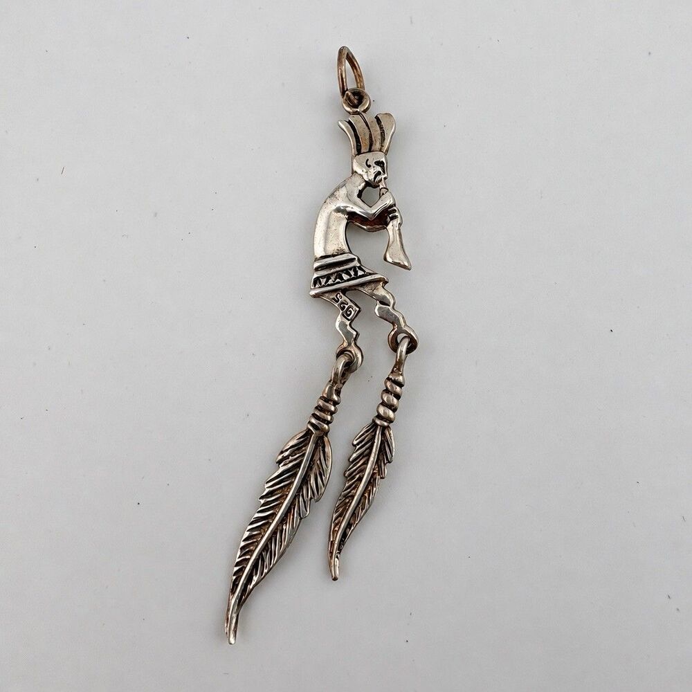 Kokopelli Pendant 925 Sterling Silver Dangling Feathers 2½” Southwestern Vintage